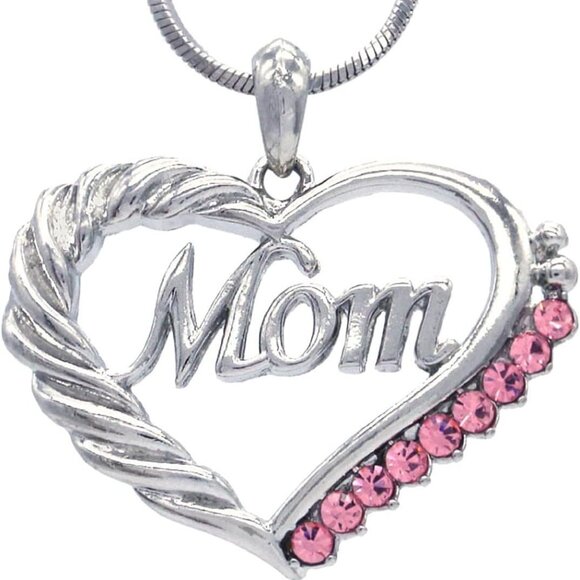Mom‎ Heart Pendant Necklace Pink Birthstone Silver Tone Mother’s Day Gift - Picture 1 of 3